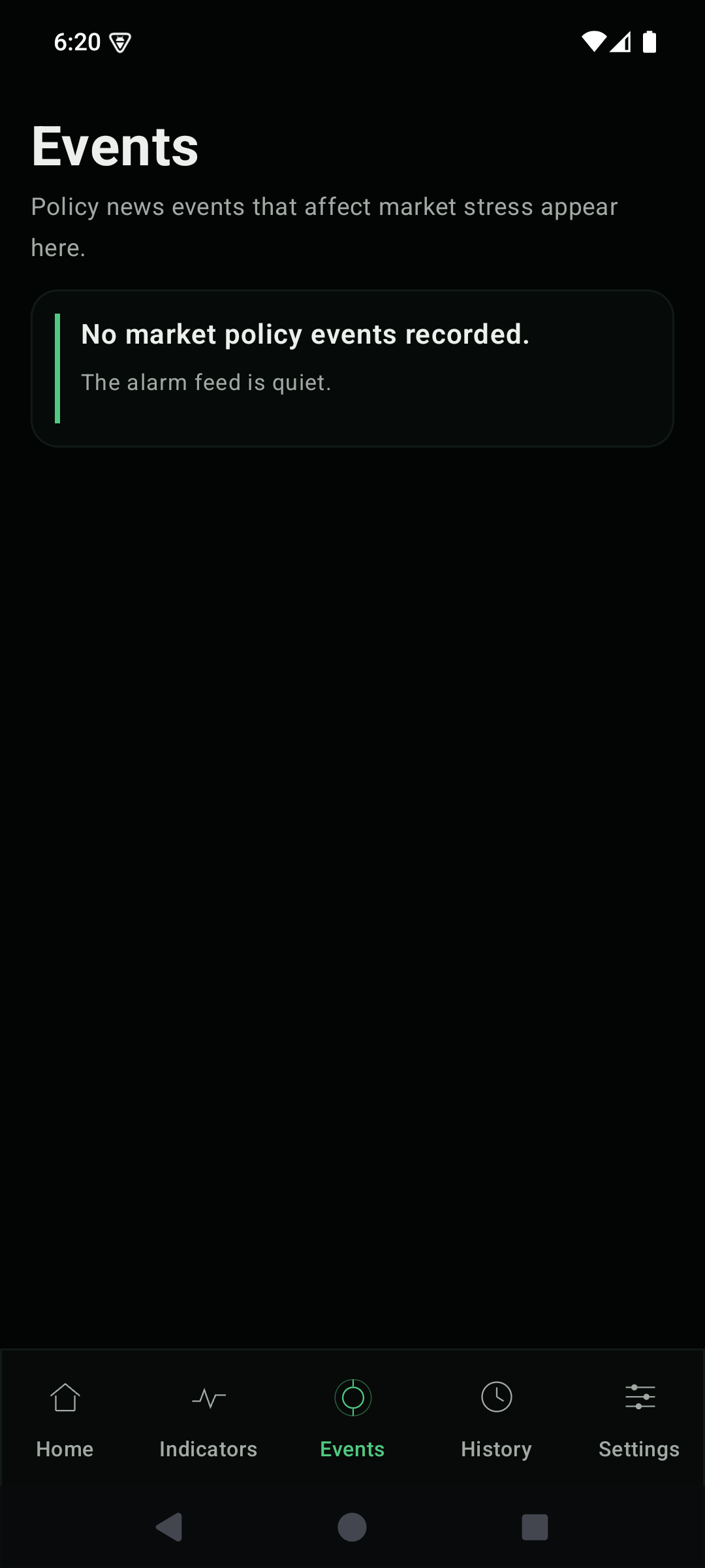 RDS Alarm events screen